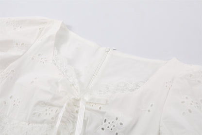 New Tendency Lace Trim Sweetheart Neckline A-Line Mini Skirt Soft Girl White Puff Sleeves Summer Brunch Short Dress AP7210