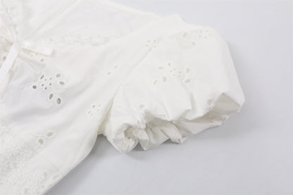 New Tendency Lace Trim Sweetheart Neckline A-Line Mini Skirt Soft Girl White Puff Sleeves Summer Brunch Short Dress AP7210