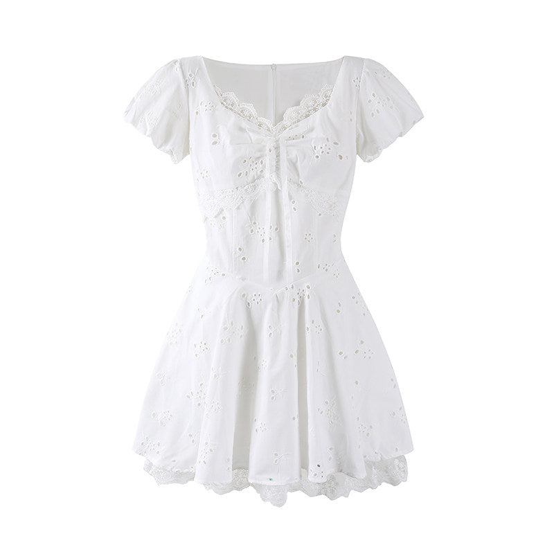 New Tendency Lace Trim Sweetheart Neckline A-Line Mini Skirt Soft Girl White Puff Sleeves Summer Brunch Short Dress AP7210