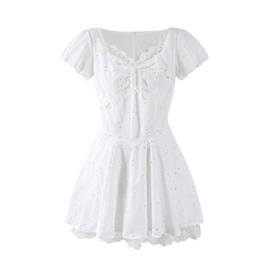 New Tendency Lace Trim Sweetheart Neckline A-Line Mini Skirt Soft Girl White Puff Sleeves Summer Brunch Short Dress AP7210