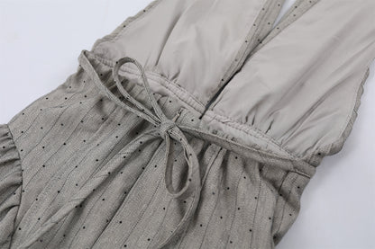 Flowy Halter Pleated Top Ruched Waist Maxi Dress Elegant Silver Dot Front Keyhole A-Line Long Dress AP7211