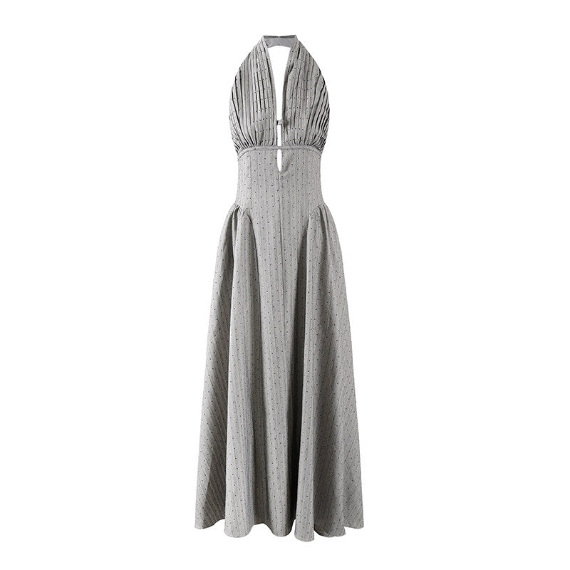 Flowy Halter Pleated Top Ruched Waist Maxi Dress Elegant Silver Dot Front Keyhole A-Line Long Dress AP7211