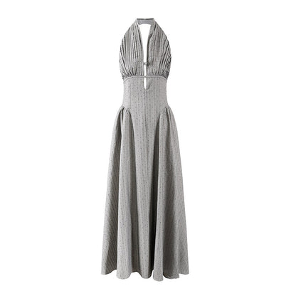 Flowy Halter Pleated Top Ruched Waist Maxi Dress Elegant Silver Dot Front Keyhole A-Line Long Dress AP7211