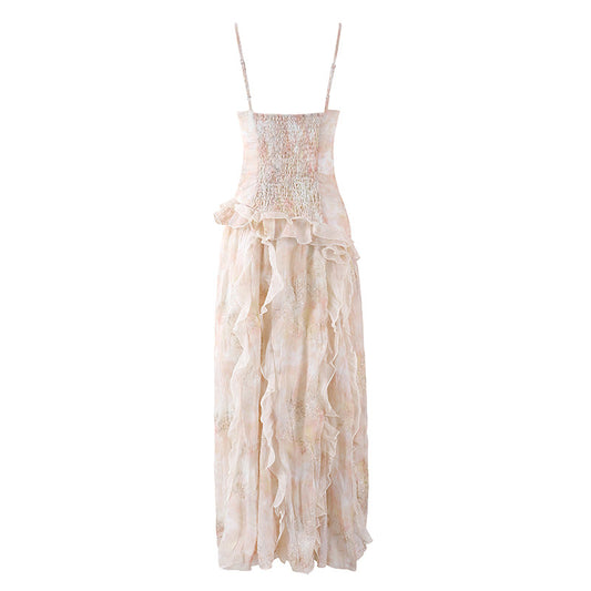 Fairy Tiered Ruffles 3D Floral A-Line Long Dress Romantic Blush Spaghetti Strap Applique Date Nights Maxi Dress AP7212