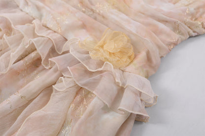 Fairy Tiered Ruffles 3D Floral A-Line Long Dress Romantic Blush Spaghetti Strap Applique Date Nights Maxi Dress AP7212