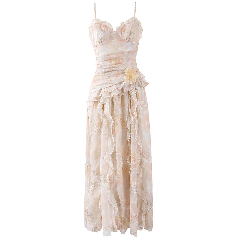 Fairy Tiered Ruffles 3D Floral A-Line Long Dress Romantic Blush Spaghetti Strap Applique Date Nights Maxi Dress AP7212