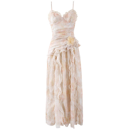 Fairy Tiered Ruffles 3D Floral A-Line Long Dress Romantic Blush Spaghetti Strap Applique Date Nights Maxi Dress AP7212