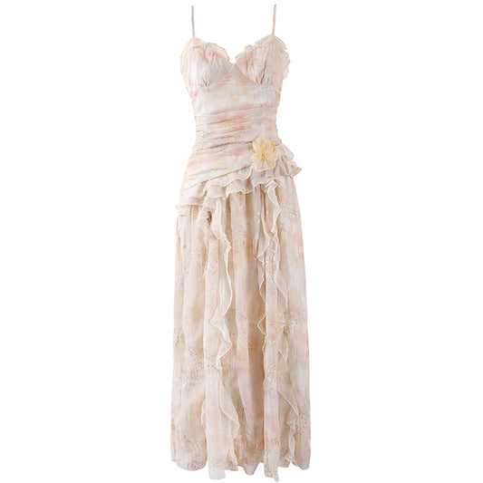 Fairy Tiered Ruffles 3D Floral A-Line Long Dress Romantic Blush Spaghetti Strap Applique Date Nights Maxi Dress AP7212