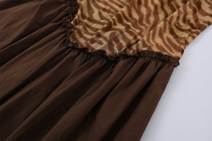 Boho-Inspired Ruched Bust A-Line Long Dress Chic Brown Zebra Spaghetti Strap Top Maxi Dress AP7213