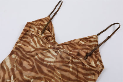 Boho-Inspired Ruched Bust A-Line Long Dress Chic Brown Zebra Spaghetti Strap Top Maxi Dress AP7213