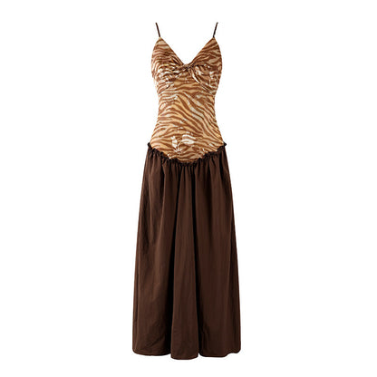 Boho-Inspired Ruched Bust A-Line Long Dress Chic Brown Zebra Spaghetti Strap Top Maxi Dress AP7213