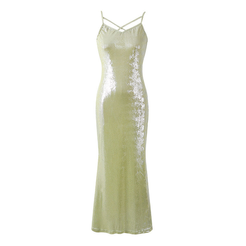 Exquisite V-Neck Crisscross Back Lining Maxi Dresses Ethereal Green Floral Print Garden Parties Mermaid Long Dress AP7214
