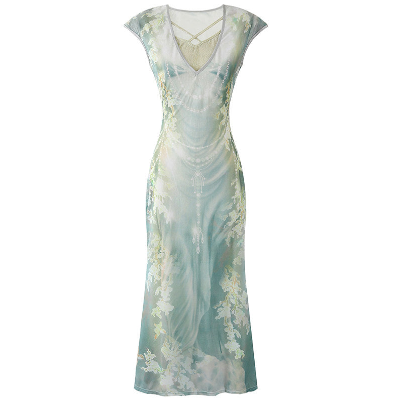 Exquisite V-Neck Crisscross Back Lining Maxi Dresses Ethereal Green Floral Print Garden Parties Mermaid Long Dress AP7214