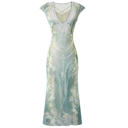 Exquisite V-Neck Crisscross Back Lining Maxi Dresses Ethereal Green Floral Print Garden Parties Mermaid Long Dress AP7214
