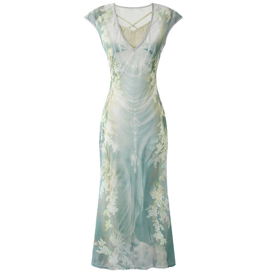 Exquisite V-Neck Crisscross Back Lining Maxi Dresses Ethereal Green Floral Print Garden Parties Mermaid Long Dress AP7214