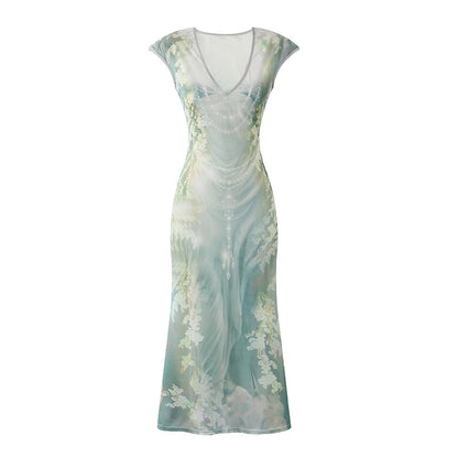 Exquisite V-Neck Crisscross Back Lining Maxi Dresses Ethereal Green Floral Print Garden Parties Mermaid Long Dress AP7214