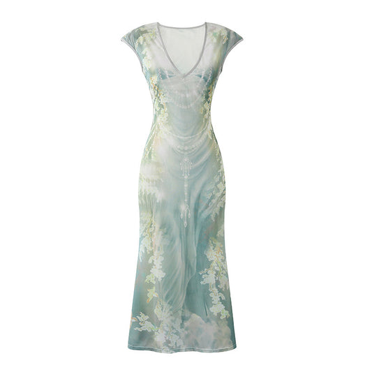 Exquisite V-Neck Crisscross Back Lining Maxi Dresses Ethereal Green Floral Print Garden Parties Mermaid Long Dress AP7214