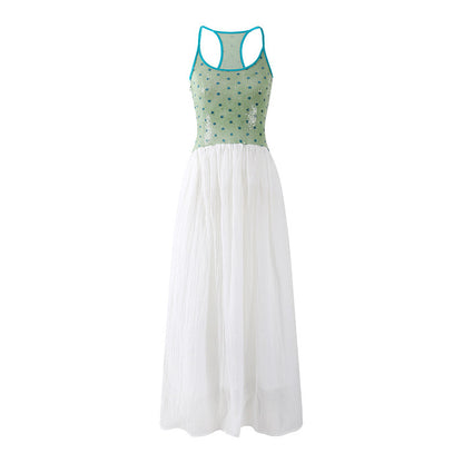 Lovely Sequin Top A-Line Maxi Dresses Glam Rock Color Block Racerback Evening Galas Long Dress AP7215