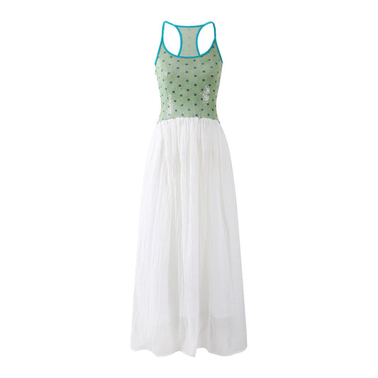 Lovely Sequin Top A-Line Maxi Dresses Glam Rock Color Block Racerback Evening Galas Long Dress AP7215