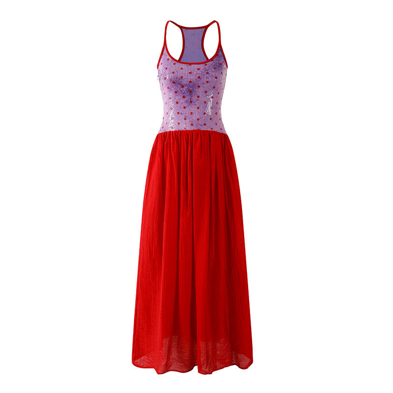 Lovely Sequin Top A-Line Maxi Dresses Glam Rock Color Block Racerback Evening Galas Long Dress AP7215
