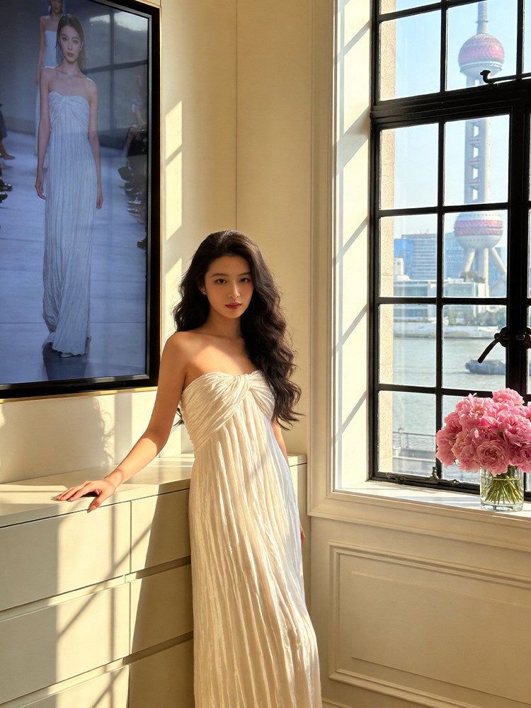 Refined Strapless White Prom Dress Pleated A-Line Evening Dress AP7216