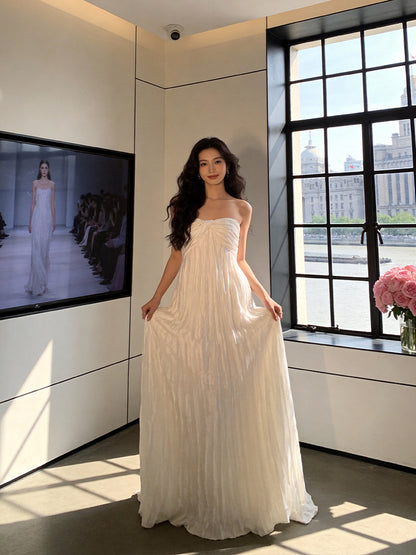 Refined Strapless White Prom Dress Pleated A-Line Evening Dress AP7216