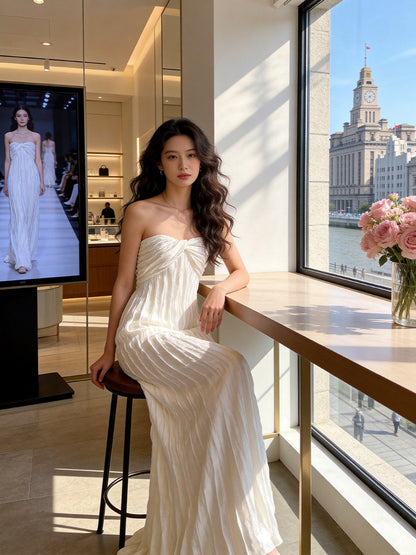 Refined Strapless White Prom Dress Pleated A-Line Evening Dress AP7216