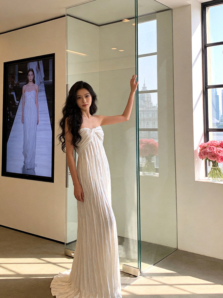 Refined Strapless White Prom Dress Pleated A-Line Evening Dress AP7216