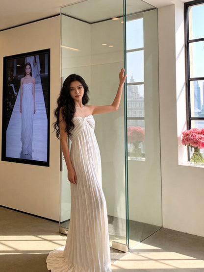 Refined Strapless White Prom Dress Pleated A-Line Evening Dress AP7216