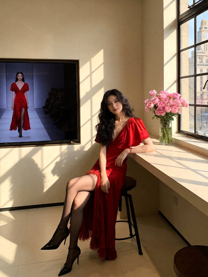 Beautiful V Neck Red Prom Dress Lace Short Sleeve Slit A-Line Evening Dress AP7217