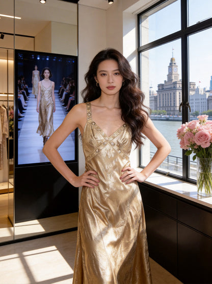 Enchanting Spaghetti Strap Champagne Prom Dress Beads A-Line Evening Dress AP7218