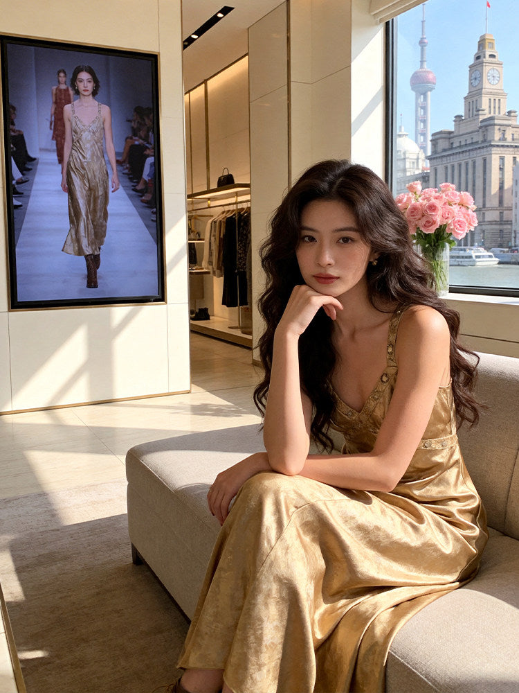 Enchanting Spaghetti Strap Champagne Prom Dress Beads A-Line Evening Dress AP7218