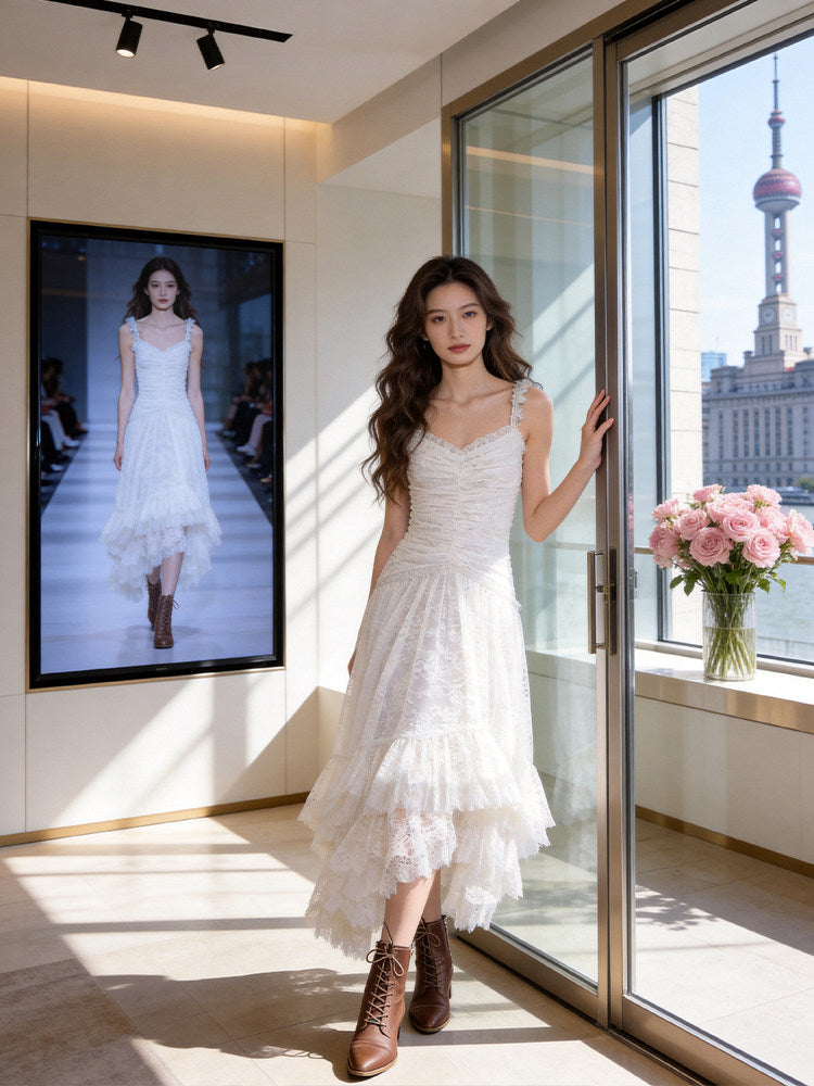 Superb Spaghetti Strap Prom Dress Lace Tiered Tulle A-Line Evening Dress AP7219