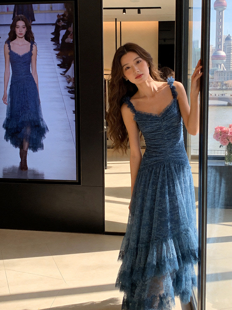 Superb Spaghetti Strap Prom Dress Lace Tiered Tulle A-Line Evening Dress AP7219