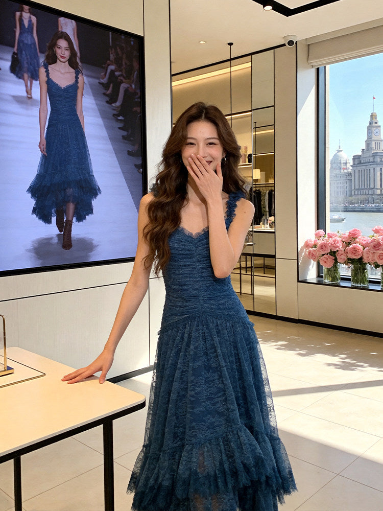 Superb Spaghetti Strap Prom Dress Lace Tiered Tulle A-Line Evening Dress AP7219