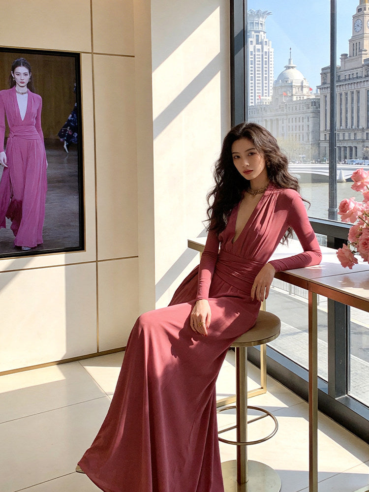Wonderful V Neck Pink Prom Dress Long Sleeve A-Line Evening Dress AP7220