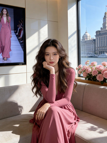 Wonderful V Neck Pink Prom Dress Long Sleeve A-Line Evening Dress AP7220