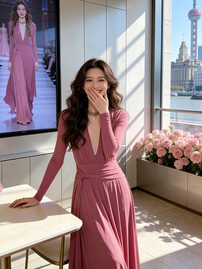 Wonderful V Neck Pink Prom Dress Long Sleeve A-Line Evening Dress AP7220