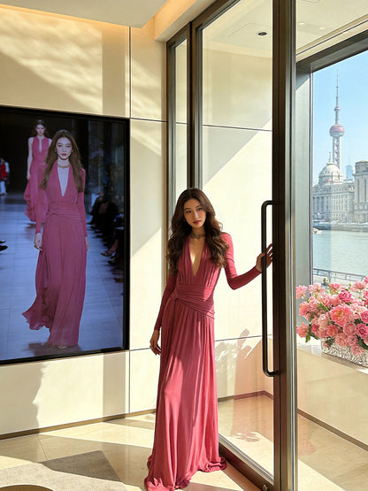 Wonderful V Neck Pink Prom Dress Long Sleeve A-Line Evening Dress AP7220
