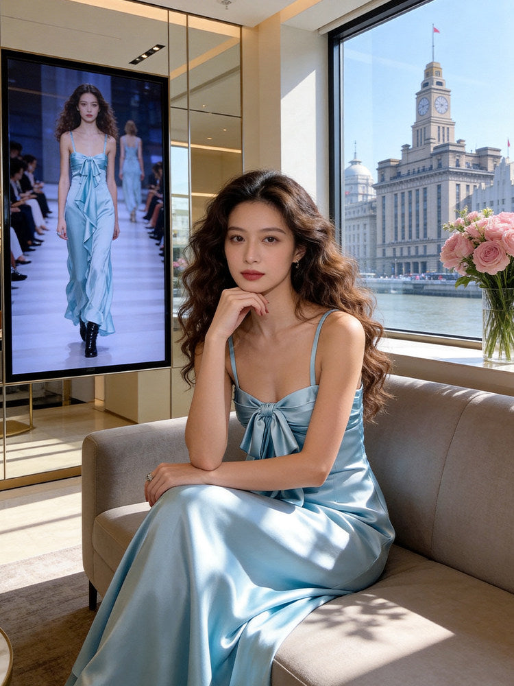 Amazing Spaghetti Strap Light Blue Prom Dress Long Bow Satin Sheath Evening Dress AP7221