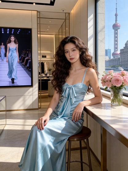 Amazing Spaghetti Strap Light Blue Prom Dress Long Bow Satin Sheath Evening Dress AP7221