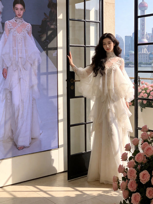 Appealing High Collar Ruffled White Wedding Dress Lace Long Sleeve A-Line Bridal Outfit AP7222