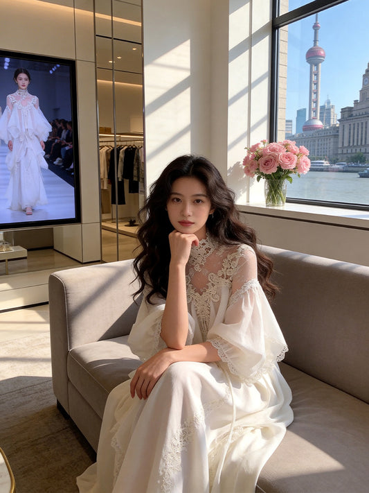 Appealing High Collar Ruffled White Wedding Dress Lace Long Sleeve A-Line Bridal Outfit AP7222