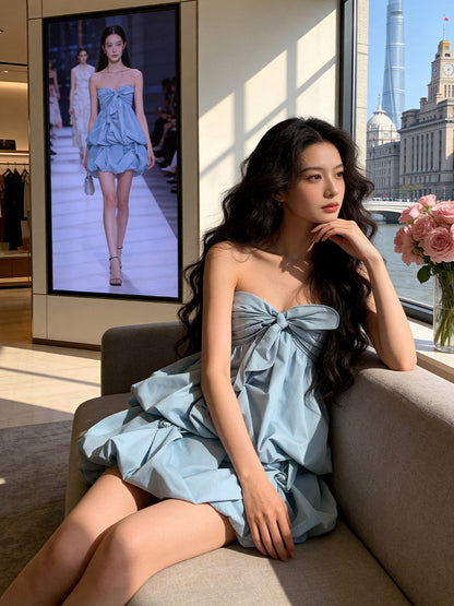 Fascinating Strapless Beads Blue Homecoming Dress Ideas Bow Tiered A-line Hoco Dress AP7223