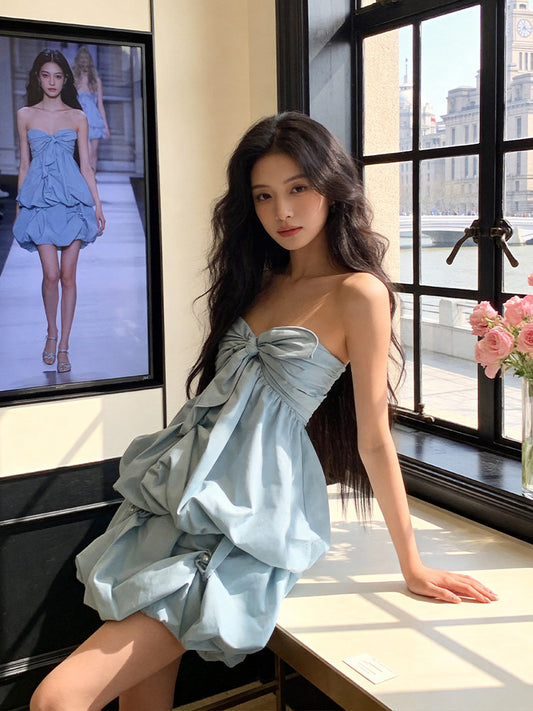 Fascinating Strapless Beads Blue Homecoming Dress Ideas Bow Tiered A-line Hoco Dress AP7223