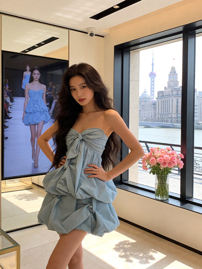 Fascinating Strapless Beads Blue Homecoming Dress Ideas Bow Tiered A-line Hoco Dress AP7223