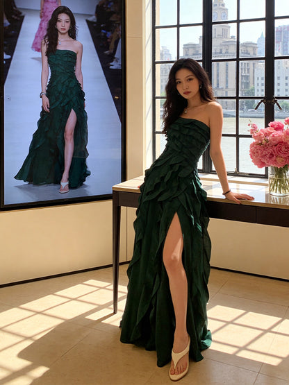 Splendid Strapless Dark Green Prom Dress Ruffled High-Slit A-Line Evening Dress AP7224