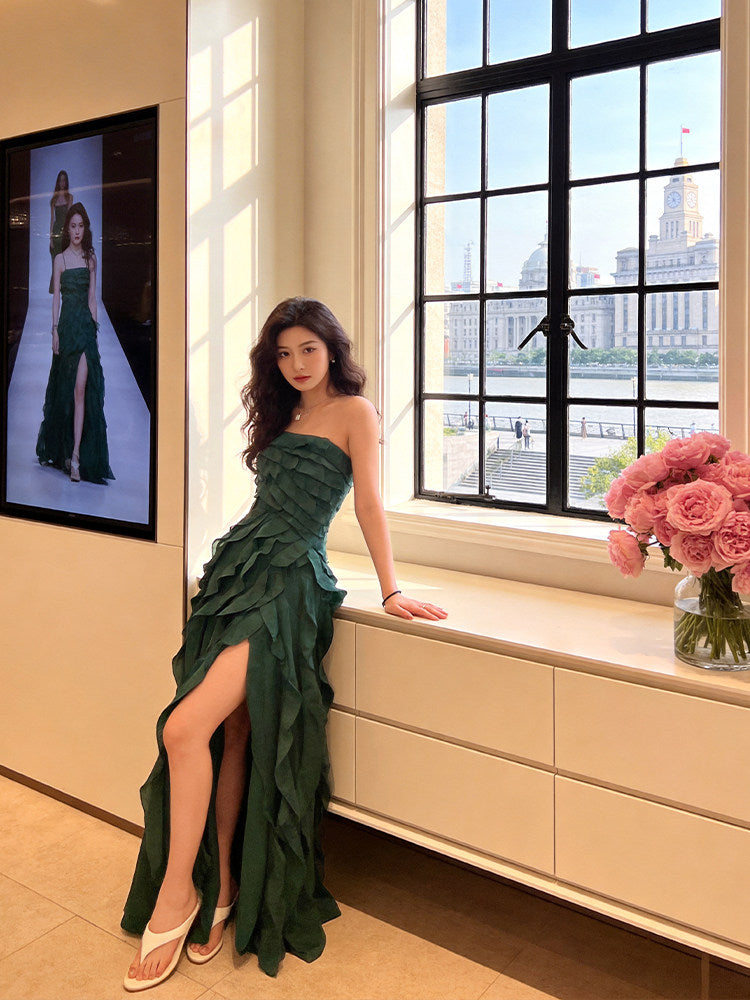 Splendid Strapless Dark Green Prom Dress Ruffled High-Slit A-Line Evening Dress AP7224