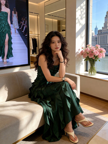 Splendid Strapless Dark Green Prom Dress Ruffled High-Slit A-Line Evening Dress AP7224