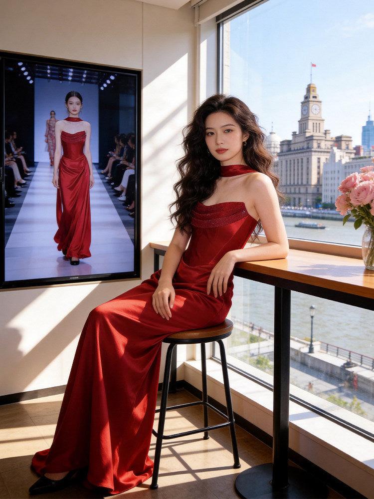 Enticing Strapless Sheath Prom Dress Red Sequins Evening Dress AP7225